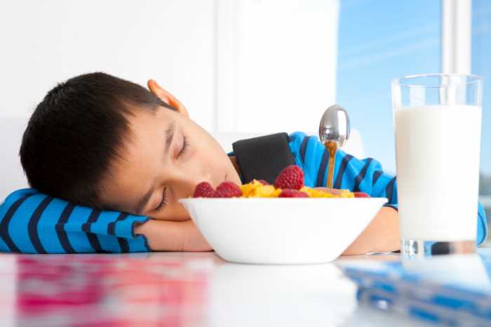A young boy sleeping at the breakfast table
